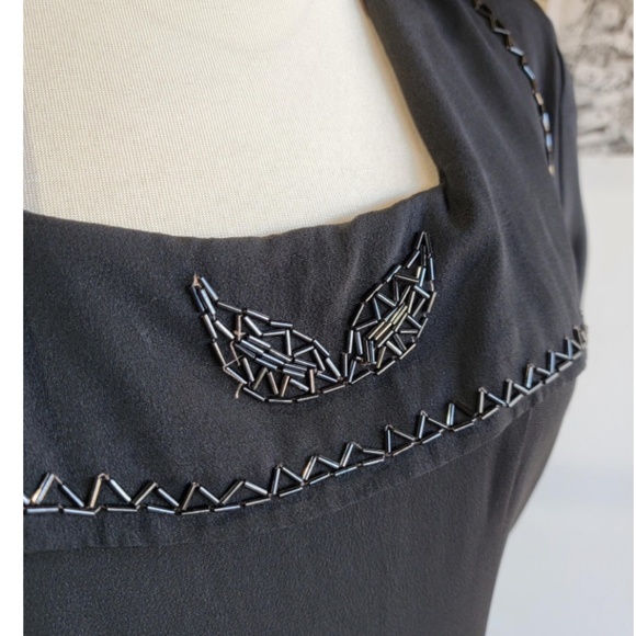 Vintage 1940s Black Rayon Dress with beaded Collar | Size Medium - Picture 7 of 7